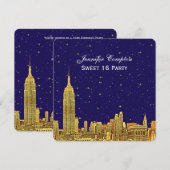 Gold NYC Skyline Etch Blue Starry Sky SQ Sweet 16 Kaart (Voorkant / Achterkant)