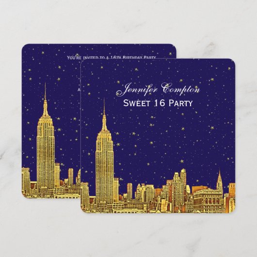 Gold NYC Skyline Etch Blue Starry Sky SQ Sweet 16 Kaart (Voorkant / Achterkant)