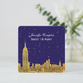 Gold NYC Skyline Etch Blue Starry Sky SQ Sweet 16 Kaart (Staand voorkant)