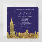 Gold NYC Skyline Etch Blue Starry Sky SQ Sweet 16 Kaart (Achterkant)