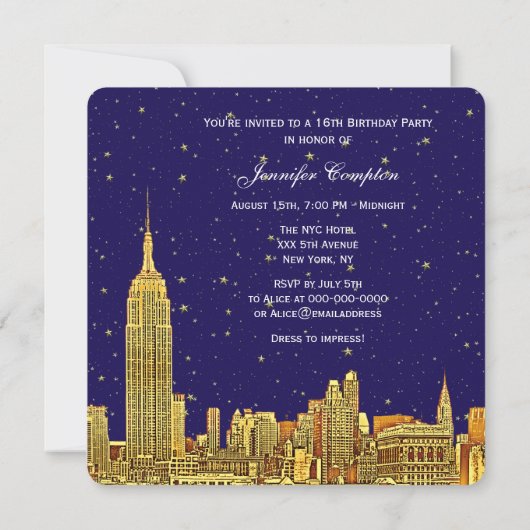 Gold NYC Skyline Etch Blue Starry Sky SQ Sweet 16 Kaart (Achterkant)