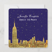 Gold NYC Skyline Etch Blue Starry Sky SQ Sweet 16 Kaart (Voorkant)
