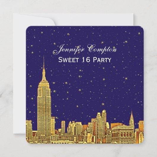 Gold NYC Skyline Etch Blue Starry Sky SQ Sweet 16 Kaart (Voorkant)