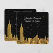 Gold NYC Skyline Etched Starry Sky SQ Sweet 16 Kaart (Voorkant / Achterkant)