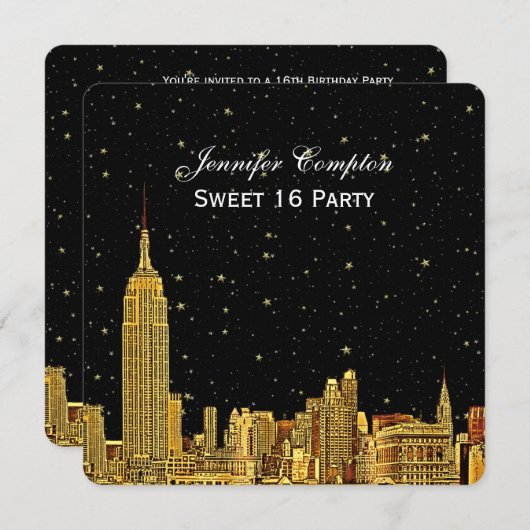 Gold NYC Skyline Etched Starry Sky SQ Sweet 16 Kaart (Voorkant / Achterkant)