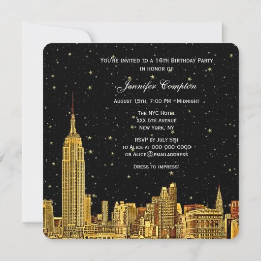 Gold NYC Skyline Etched Starry Sky SQ Sweet 16 Kaart (Achterkant)