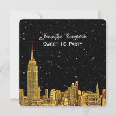 Gold NYC Skyline Etched Starry Sky SQ Sweet 16 Kaart (Voorkant)