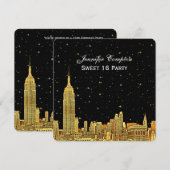 Gold NYC Skyline Etched Starry Sky SQ Sweet 16 Kaart (Voorkant / Achterkant)
