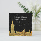 Gold NYC Skyline Etched Starry Sky SQ Sweet 16 Kaart (Staand voorkant)