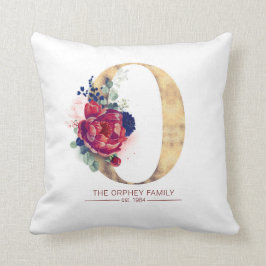 Gold O Monogram Floral Burgundy Red en Navy Blue Kussen