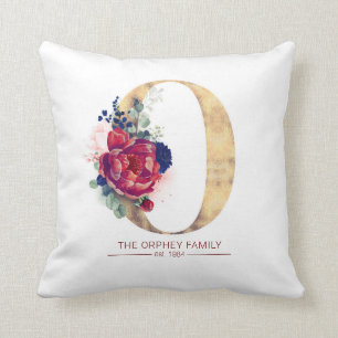 Gold O Monogram Floral Burgundy Red en Navy Blue Kussen