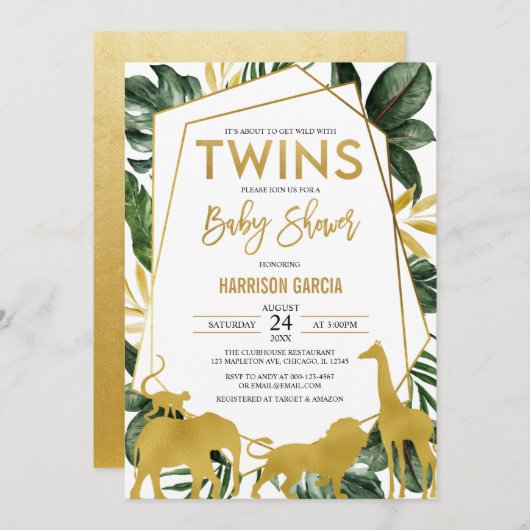 Gold Oerwoud Safari Animals Twins Baby shower Kaart (Voorkant / Achterkant)