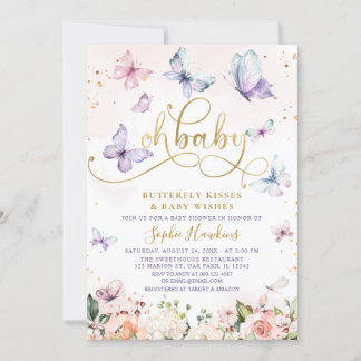 Gold Oh Baby Butterfly Kisses Baby shower Kaart
