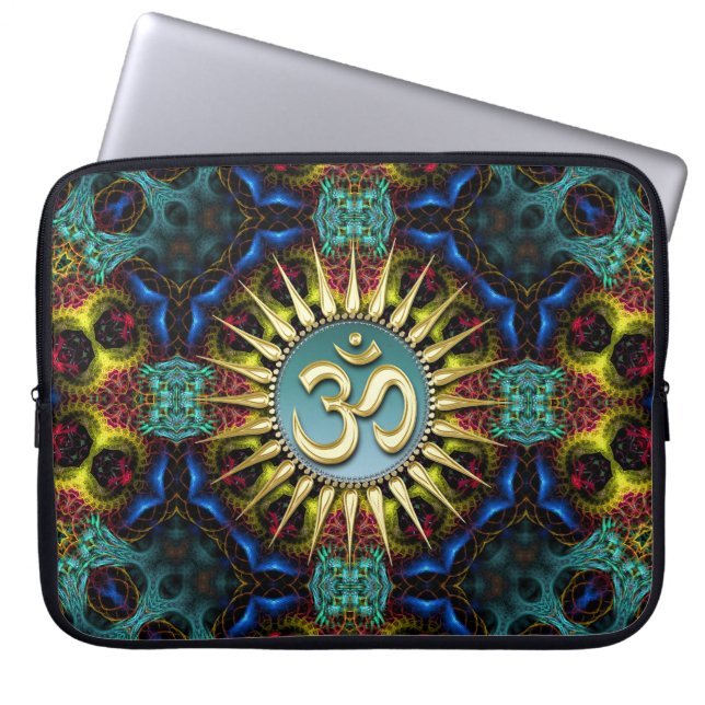 Gold OM Blauwgroen+Blue Fractal tapes laptophoes Laptop Sleeve (Voorkant)