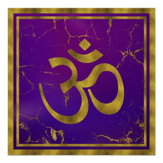 Gold OM-symbool - Aum, Omkara op Paars/Indigo Perfect Poster (Voorkant)