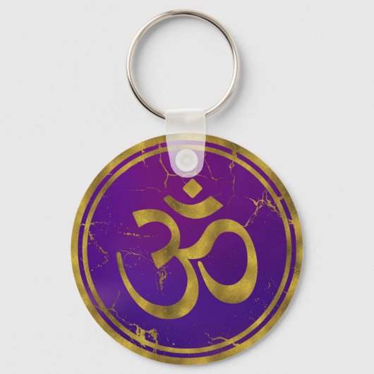 Gold OM-symbool - Aum, Omkara op Paars/Indigo Sleutelhanger (Voorkant)