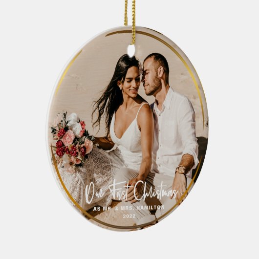 Gold omsingelde onze eerste kerstman, Mr & Mrs Fot Keramisch Ornament (Rechts)