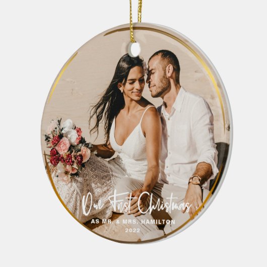 Gold omsingelde onze eerste kerstman, Mr & Mrs Fot Keramisch Ornament (Links)