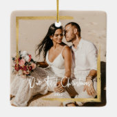 Gold omsingelde onze eerste kerstman, Mr & Mrs Fot Keramisch Ornament (Achterkant)