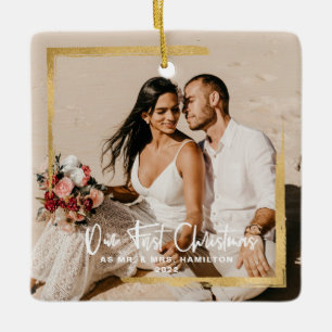 Gold omsingelde onze eerste kerstman, Mrs Photo Keramisch Ornament