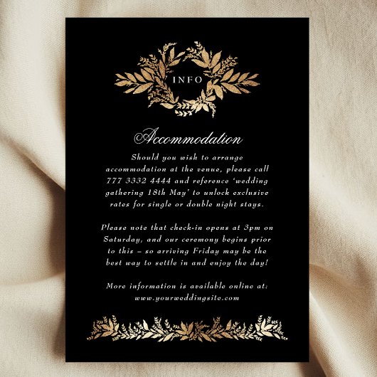 gold on black botanical wreath wedding extra info informatiekaartje