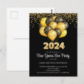 Gold on Black New Years Eve Balloons Party Briefkaart (Voorkant / Achterkant)