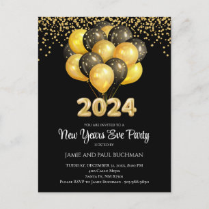 Gold on Black New Years Eve Balloons Party Briefkaart