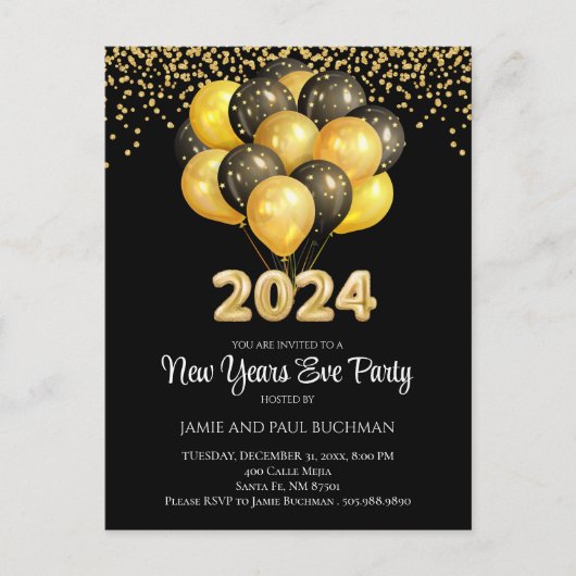 Gold on Black New Years Eve Balloons Party Briefkaart (Voorkant)