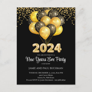 Gold on Black New Years Eve Balloons Party Briefkaart