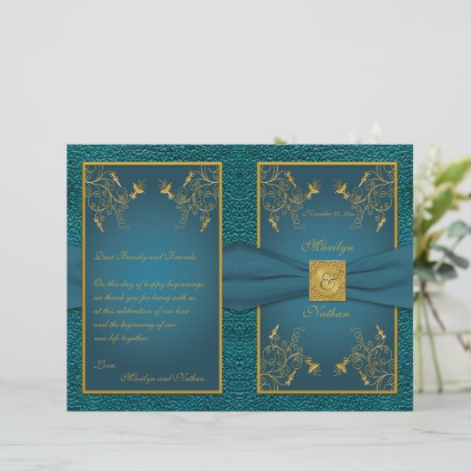 Gold on Blauwgroen Wedding Program (Staand voorkant)
