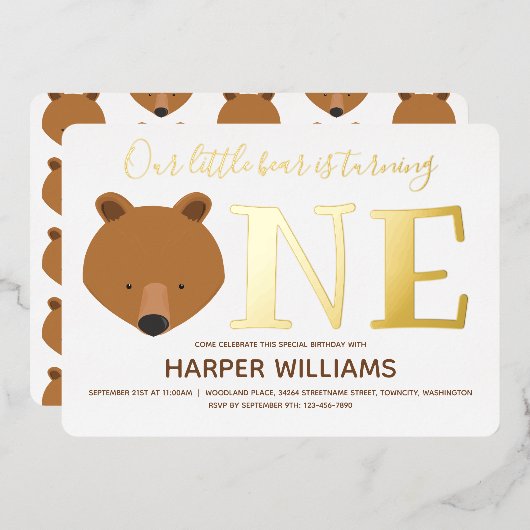 Gold One Animal Beer First Birthday Folie Uitnodiging (Voorkant / Achterkant)