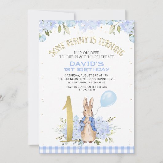Gold One Blue Floral Peter Rabbit 1e verjaardag Kaart (Voorkant)