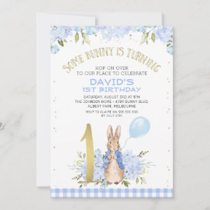Gold One Blue Floral Peter Rabbit 1e verjaardag Kaart