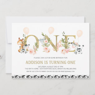 Gold One Florence Farm Animals 1st Birthday Kaart