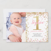 Gold One Glitter Pink Girl Eerste Verjaardag Foto Kaart (Voorkant)