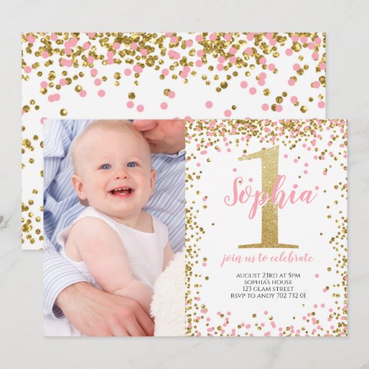 Gold One Glitter Pink Girl Eerste Verjaardag Foto Kaart (Voorkant / Achterkant)