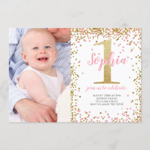 Gold One Glitter Pink Girl First Birthday Foto Kaart