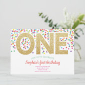 Gold One Rainbow Confetti Baby Girl 1e Verjaardag Kaart (Staand voorkant)