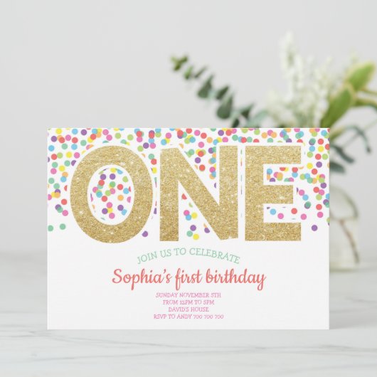 Gold One Rainbow Confetti Baby Girl 1e Verjaardag Kaart (Staand voorkant)