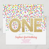 Gold One Rainbow Confetti Baby Girl 1e Verjaardag Kaart (Voorkant / Achterkant)