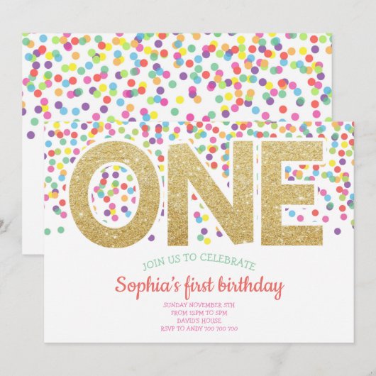 Gold One Rainbow Confetti Baby Girl 1e Verjaardag Kaart (Voorkant / Achterkant)