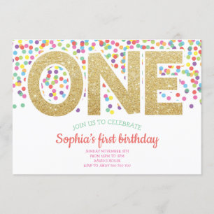 Gold One Rainbow Confetti Baby Girl 1e Verjaardag Kaart