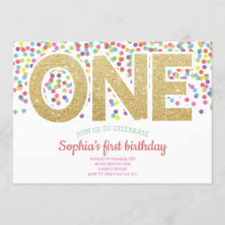 Gold One Rainbow Confetti Baby Girl 1e Verjaardag Kaart