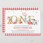 Gold One Red Pset Farm Animals 1e verjaardag Kaart (Voorkant / Achterkant)