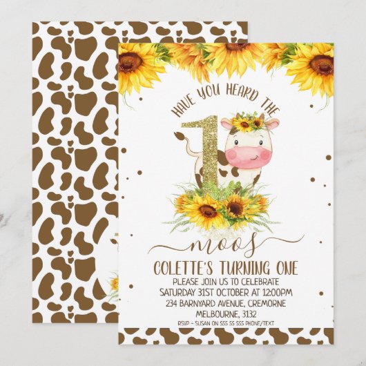Gold One Zonnebloem Bruin Koe Print 1e Verjaardag Kaart (Voorkant / Achterkant)