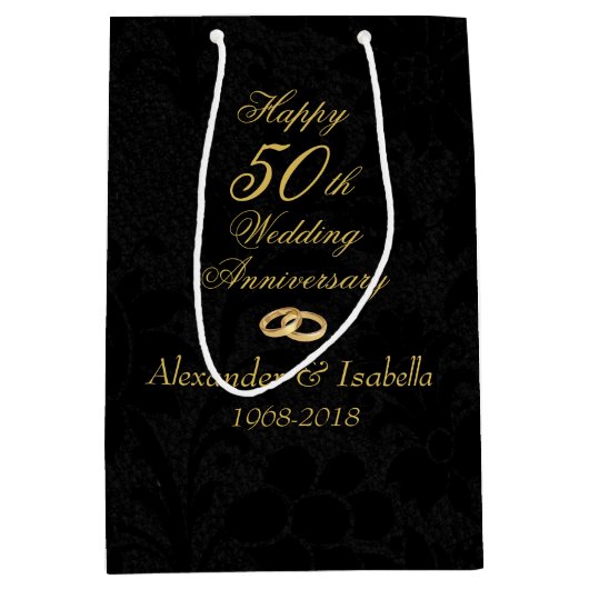 Gold op Black 50th Wedding Jubileum Medium Cadeauzakje (Voorkant)
