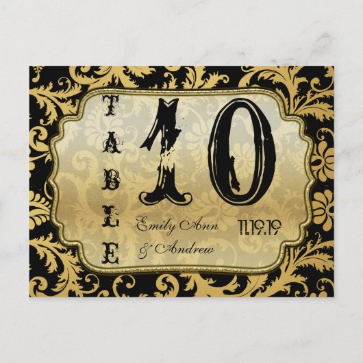 Gold op Black Damask Swirls Table Number Briefkaart (Achterkant)