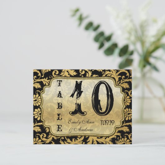 Gold op Black Damask Swirls Table Number Briefkaart (Staand voorkant)
