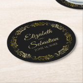 Gold op Black Elegant Lacy Floral Filigree Wedding Ronde Kartonnen Onderzetter (Gebogen)