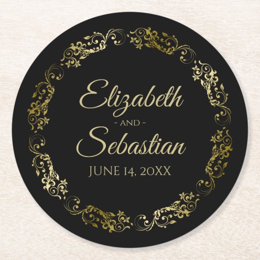 Gold op Black Elegant Lacy Floral Filigree Wedding Ronde Kartonnen Onderzetter (Voorkant)